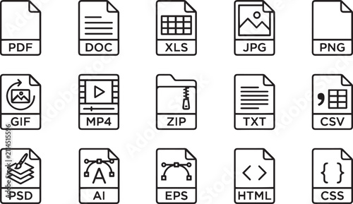 Obraz na plátně Set of fifteen common file format icons representing various document image vide