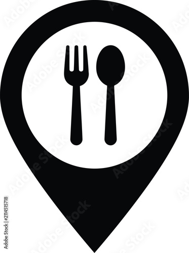 Minimalist vector graphic illustration featuring a black dining location pin symbol with a white fork and spoon silhouette inside it