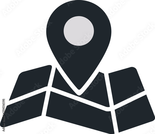 Location pin icon placed over a stylized folded paper map representing navigation concepts in this clean simple flat vector design