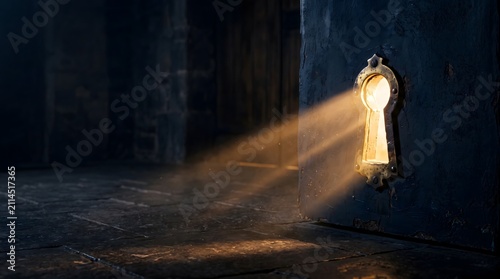 Glowing keyhole with light rays streaming through dark stone door