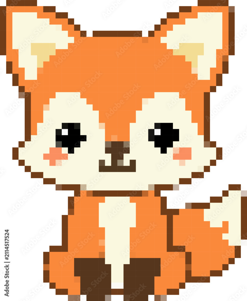Obraz premium Cute 8-bit pixel art fox character sitting isolated on white background