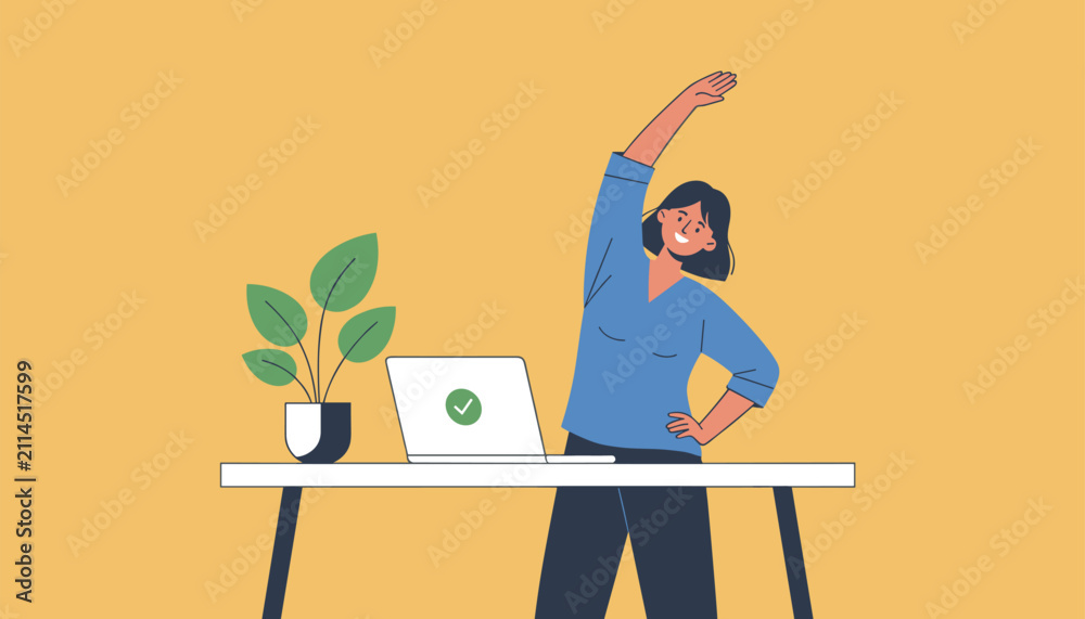 Fototapeta premium Active young woman does a side stretch exercise at her desk next to a laptop during a healthy break from working at home.