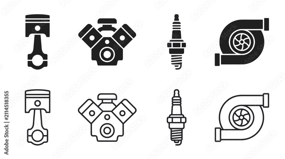 Fototapeta premium Car Engine Parts Icon Set in Black Silhouette and Outline Style