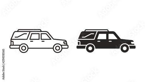 Konstfotografi Hearse Icon: A clear, minimalist illustration of a hearse, presented in both outline and solid black versions, symbolizing a funeral vehicle for transport