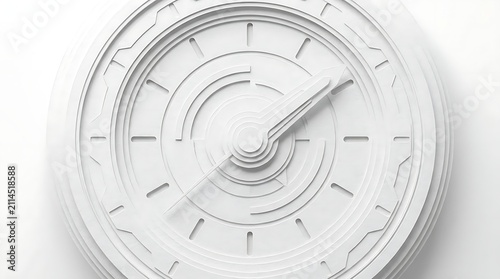 Modern minimalist white clock with architectural layered design.