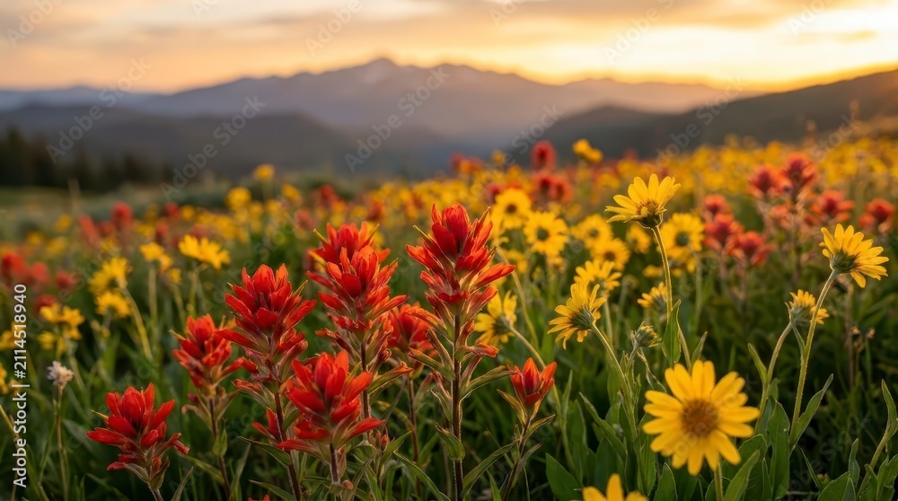 Fototapeta premium Wildflower field at sunset with mountains