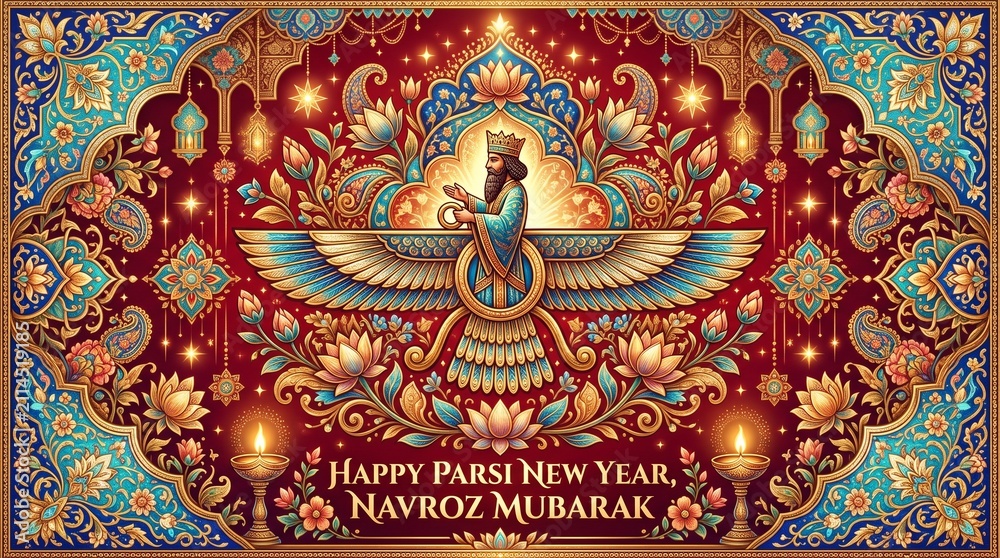 Fototapeta premium Ornate Faravahar Symbol with Traditional Persian Art for Parsi New Year Navroz Celebration