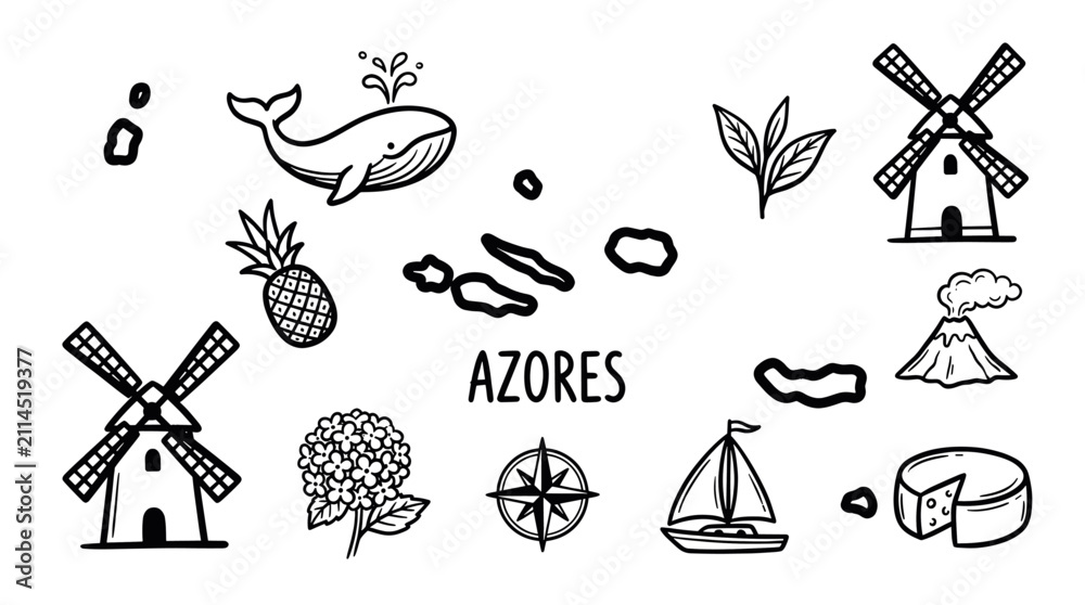 Fototapeta premium Azores Travel Icons in Minimal Black and White Doodle Style