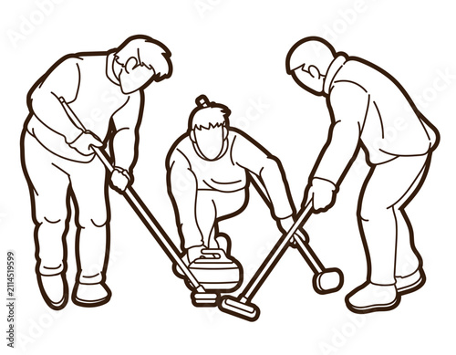 Curling Sport Team Group of Male Players Action Cartoon Outline Graphic Vector