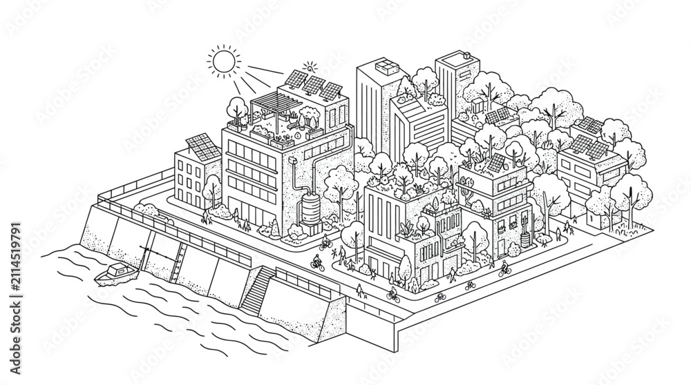 Obraz premium Sustainable eco city vector illustration depicting modern urban architecture with green rooftops solar panels lush trees and peaceful river scenery