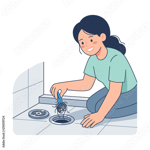 Woman unclogging shower drain hair while smiling indoors