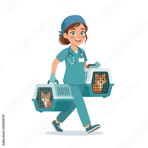 Vet carrying pet crate with cat and dog while smiling in uniform  