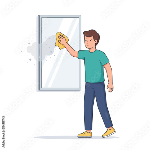 Young man wiping dust off mirror with cloth in minimalist style  