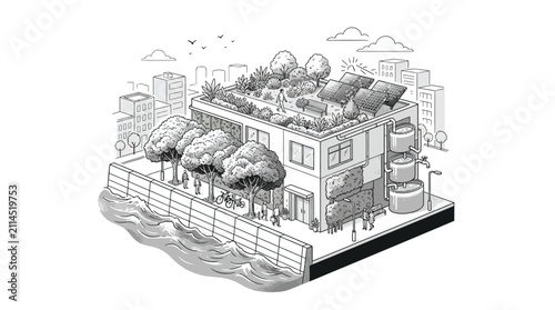 Eco friendly urban building design featuring sustainable solar panels and rooftop gardens in a detailed black and white isometric vector illustration
