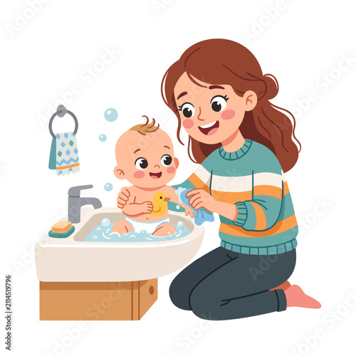 Young mother bathing infant in sink with a smile and joy  