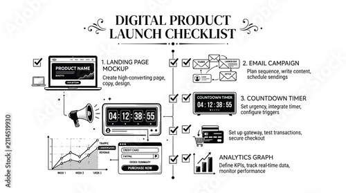 Digital product launch checklist vector illustration featuring strategic steps for marketing campaigns and e-commerce analytics tracking for online business success
