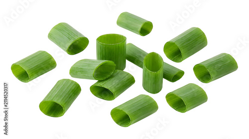 Quadro su tela Sliced scallions scattered on transparent background