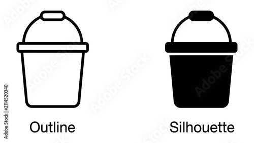 Canvastavla Bucket Outline and Silhouette: Two distinct depictions of a bucket, one a simple outline and the other a solid silhouette, offering versatility for design and graphic applications