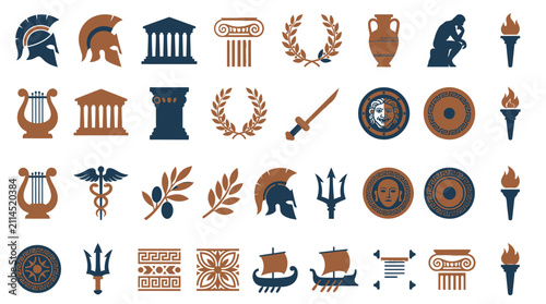 Comprehensive collection of 32 Ancient Greek and Roman historical icons featuring Spartan helmets, temples, columns, laurel wreaths, lyres, shields, and tridents in navy and bronze.