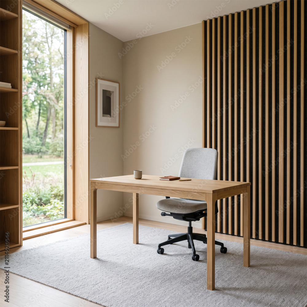 Fototapeta premium Minimalist home office desk with wood slat wall and garden view