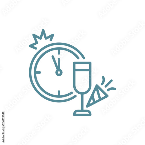 New Year celebration icon with clock and champagne.