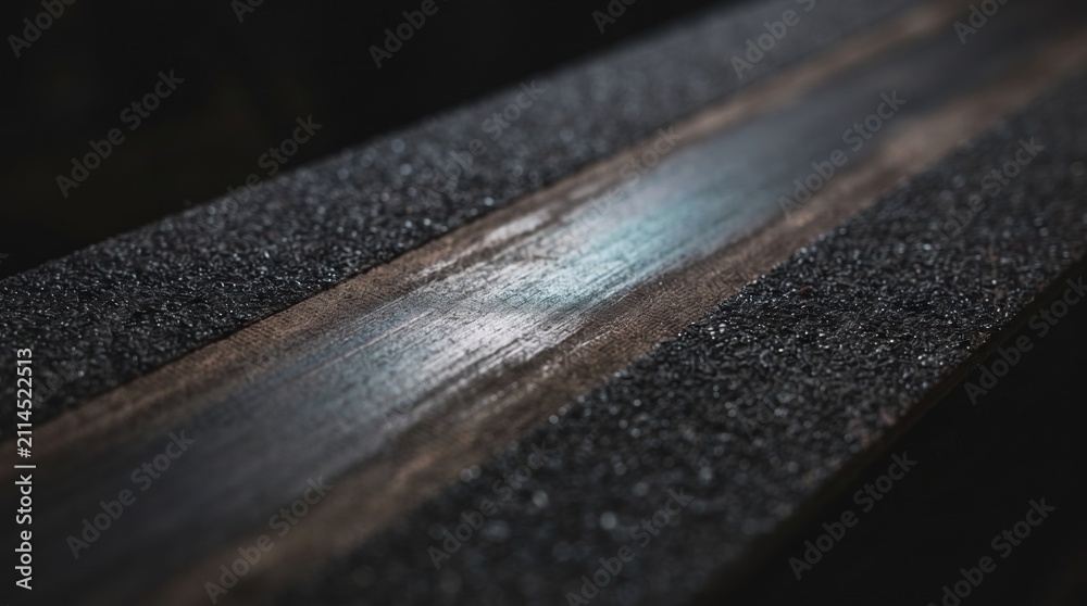 Fototapeta premium A stunning wooden plank shines gently under the soft glow of evening light, its rich texture contrasting beautifully with the dark surroundings. Nature and craftsmanship unite in harmony.