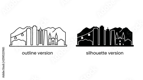 Bild auf Leinwand City Skyline Collection: A set of minimalist graphics featuring city skylines, including an outline version and a silhouette version, set against a backdrop of majestic mountains