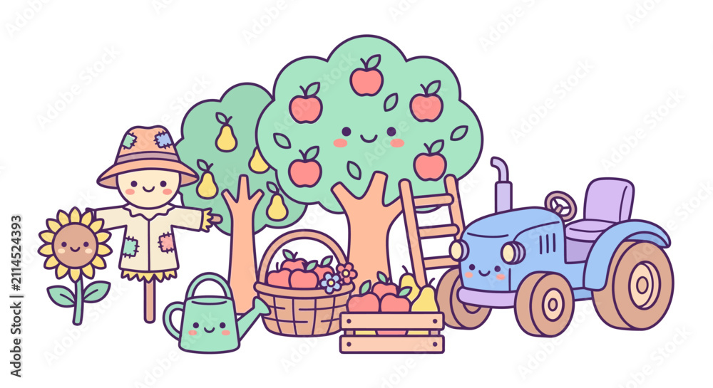 Naklejka premium Cute rural landscape with smiling trees and farm tractor.