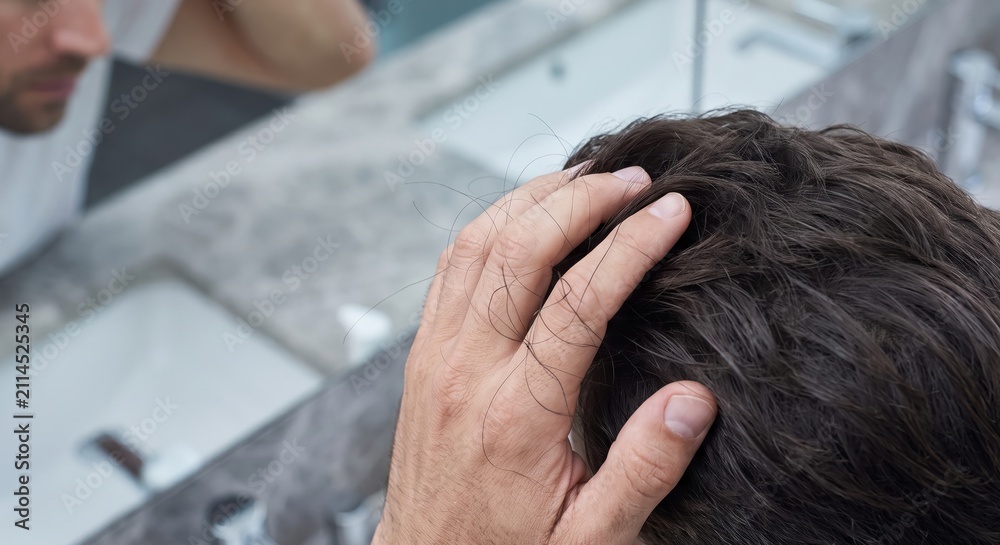 Fototapeta premium Concerned Man Examining Hair Loss In Bathroom Mirror While Running Fingers Through Thinning Dark Hair As Symbol Of Aging And Male Pattern Baldness