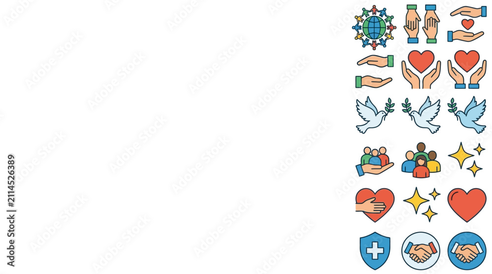 Fototapeta premium Charity and peace icons vertical border elements.