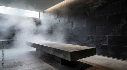 Modern luxury steam room interior with dark stone
