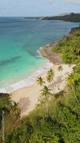 Deserted Playa Ermitano beach, Samana, Dominican Republic. Aerial drone, vertical format, copy space