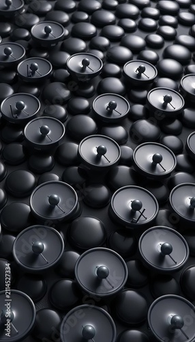 Dark, smooth circles arranged closely together, like miniature satellite dishes, on a rubbery surface, abstract, || texture