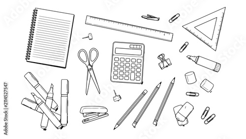 School and Office Supplies Scattered on a Surface with Pens, Pencils, Rulers, and Calculators Featuring Scissors, Markers