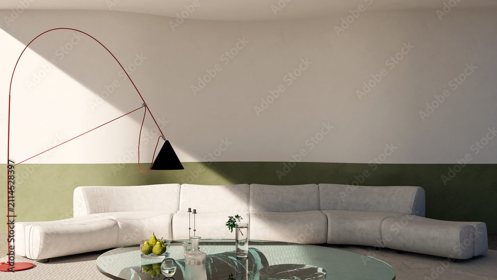 Fototapeta premium 3D render, illustration Large Luxury modern living room interior, brutalist architecture realistic lighting, Graphic Overlay wide angle, contemporary furniture, clean lines, minimalist decor, elegan