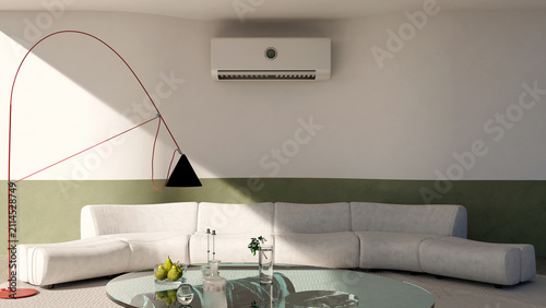 3D render, illustration Large Luxury modern living room interior,  brutalist architecture realistic lighting,  Graphic Overlay wide angle, contemporary furniture, clean lines, minimalist decor, elegan