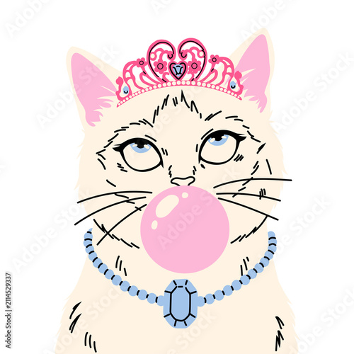 Obraz na plátně Cute Fluffy Cat Wearing Crown and Blue Gem Necklace