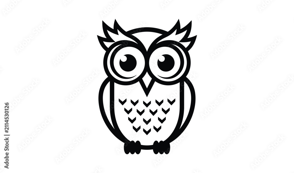 Obraz premium Cute owl icon, vector illustration of a stylized owl character with large eyes, simple black and white line art design vector