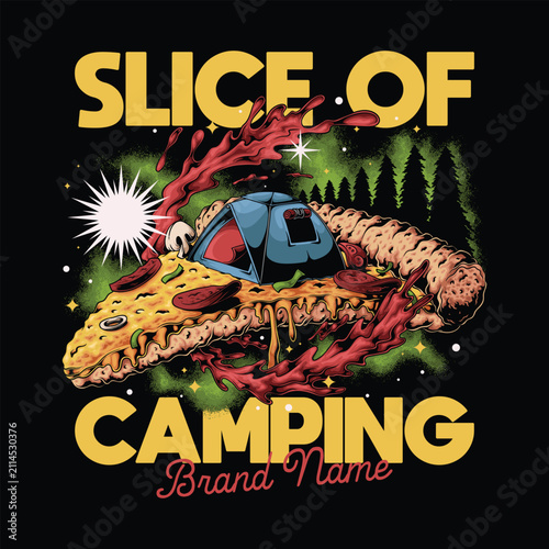 Surreal Camping Tent on Giant Pizza Slice with Splash Sauce Cartoon Illustration