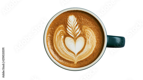 Obraz na plátne Cappuccino coffee with latte art heart and leaf pattern in dark green mug