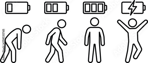 Fotografie Human energy level and battery charge status line art vector set with tired exha