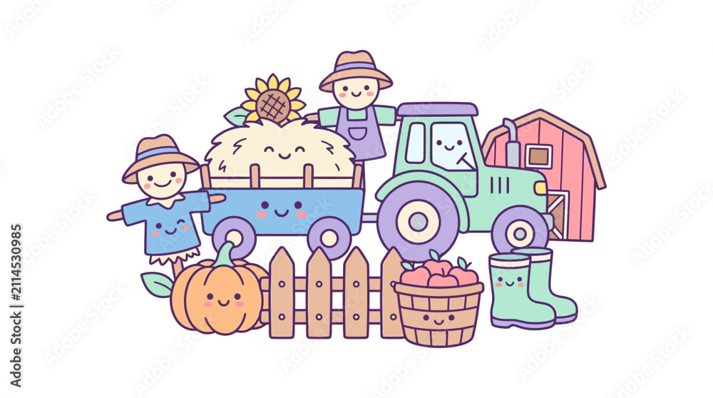 Naklejka premium Whimsical kawaii farm scene with tractor and harvest vegetables characters.