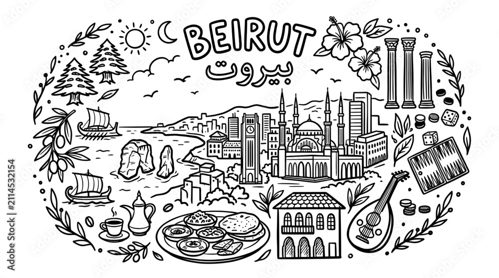 Obraz premium Beirut Lebanon Travel Cityscape in Black and White Doodle Line Art Style