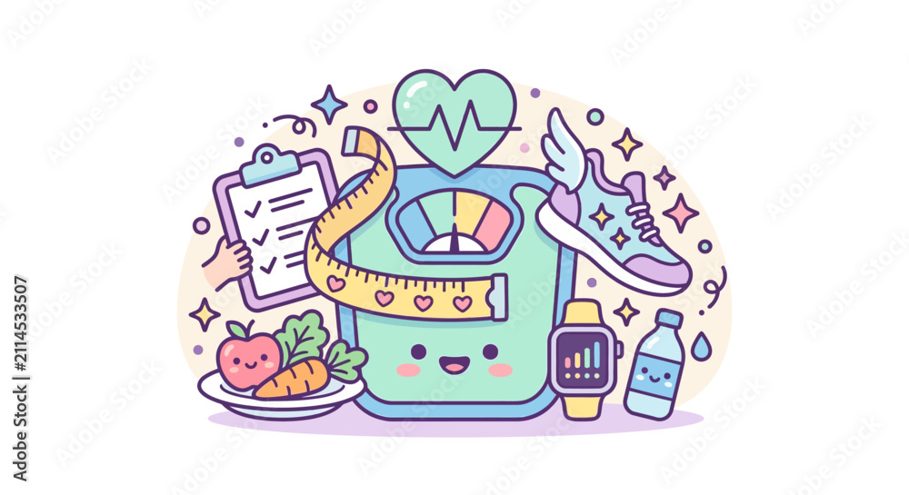 Fototapeta premium Kawaii fitness scale and workout gear illustration.