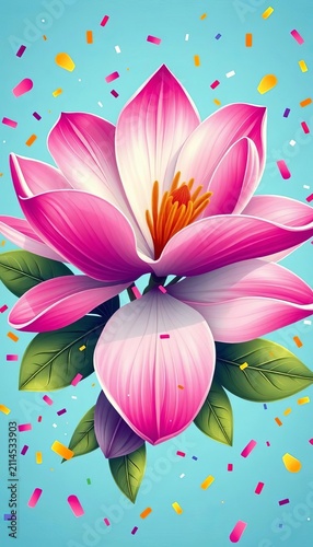 Bold and colorful magnolia illustration with confetti, bold, ||confetti