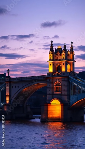 Bridge's Gothic Revival style arches illuminated at dusk, texture, ||bridge