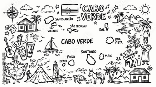 Cape Verde Island Map and Culture in Black and White Doodle Line Art Style