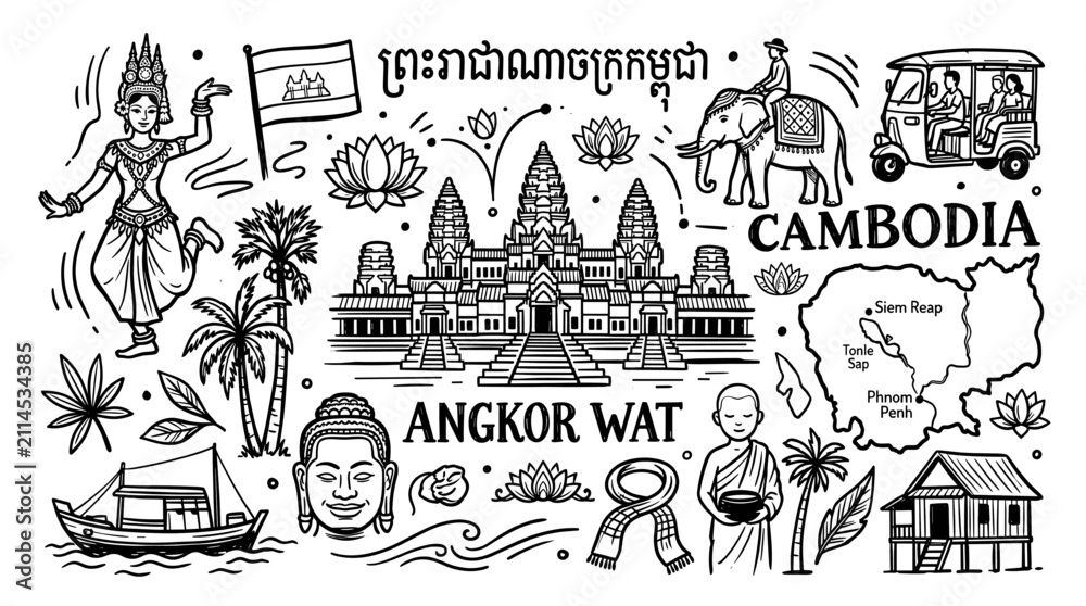 Fototapeta premium Cambodia Travel Landmarks in Black and White Doodle Line Art Style