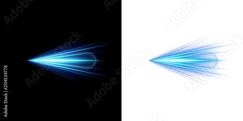Blue glowing light beam shooting fast in an arrow shaped speed line burst ideal for technology banners PNG, Transparent and Black Background Versions for design use