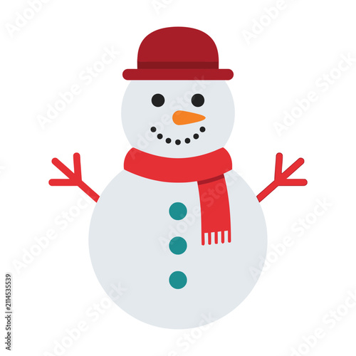 Smiling snowman in red scarf and hat on white background winter fun